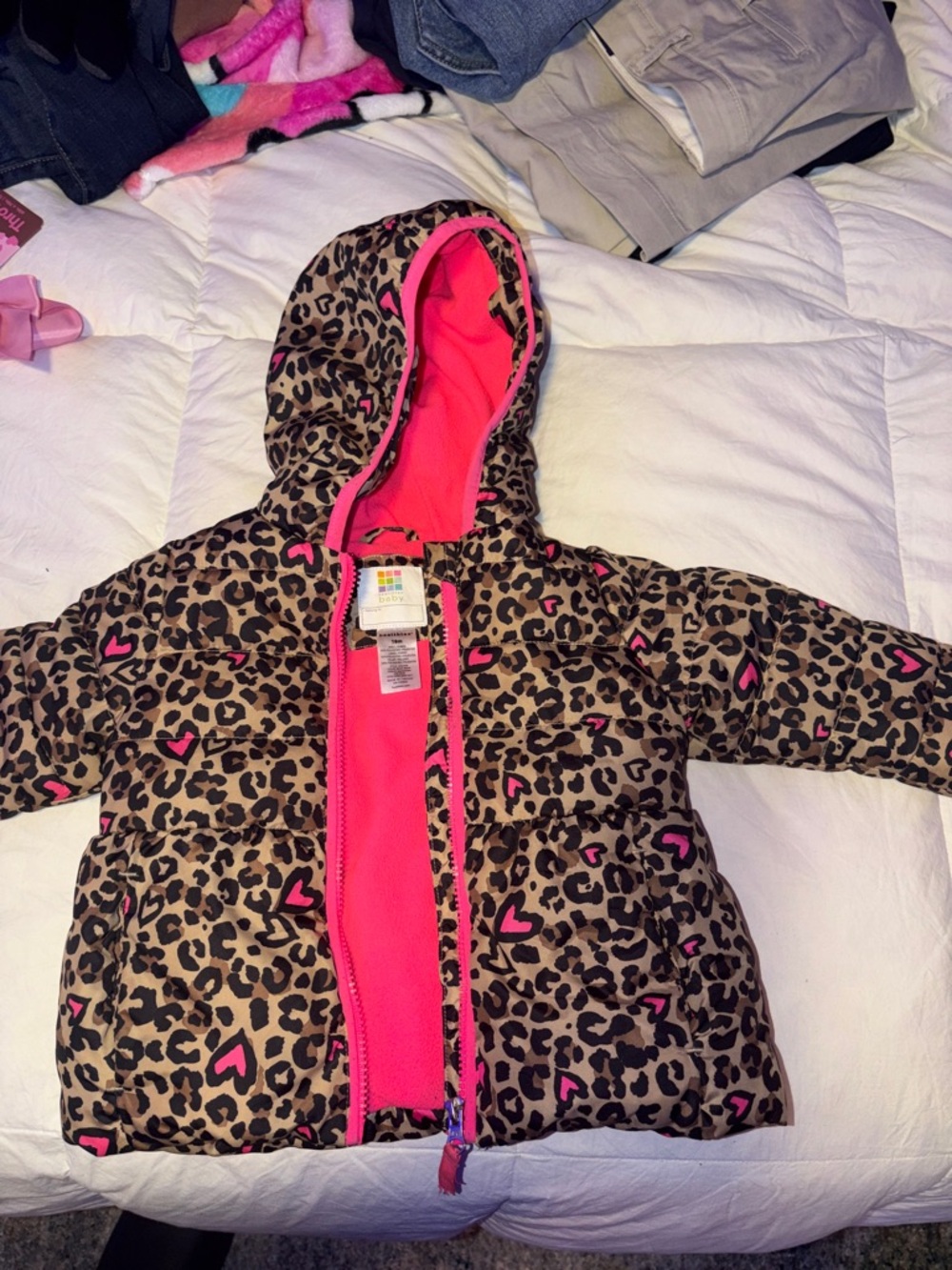 healthtex Leopard Print Puffer Jacket with Pink Hearts and Lined Hood